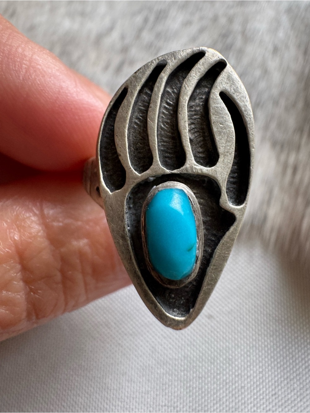 Vintage Sterling Silver Badger Paw Ring with Turquoise Stone
